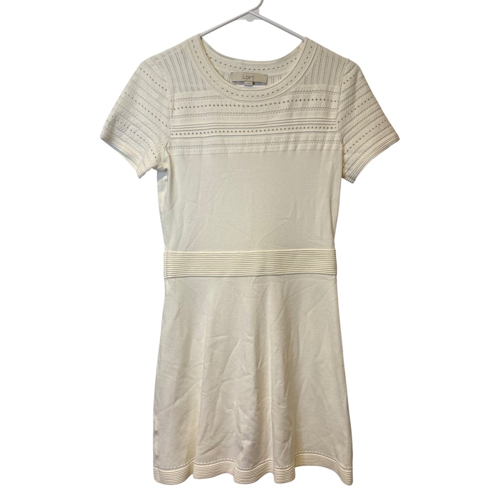 LOFT Sweater Dress Womens XS Cream Pointelle Knit Fit Flare Short Sleeve Modest